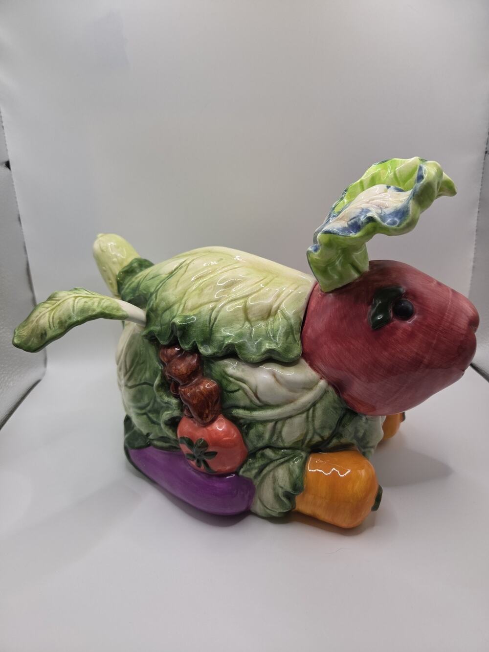 Fitz Majolica Sculpted Ceramic Vegetable Easter Rabbit Tureen & Spoon